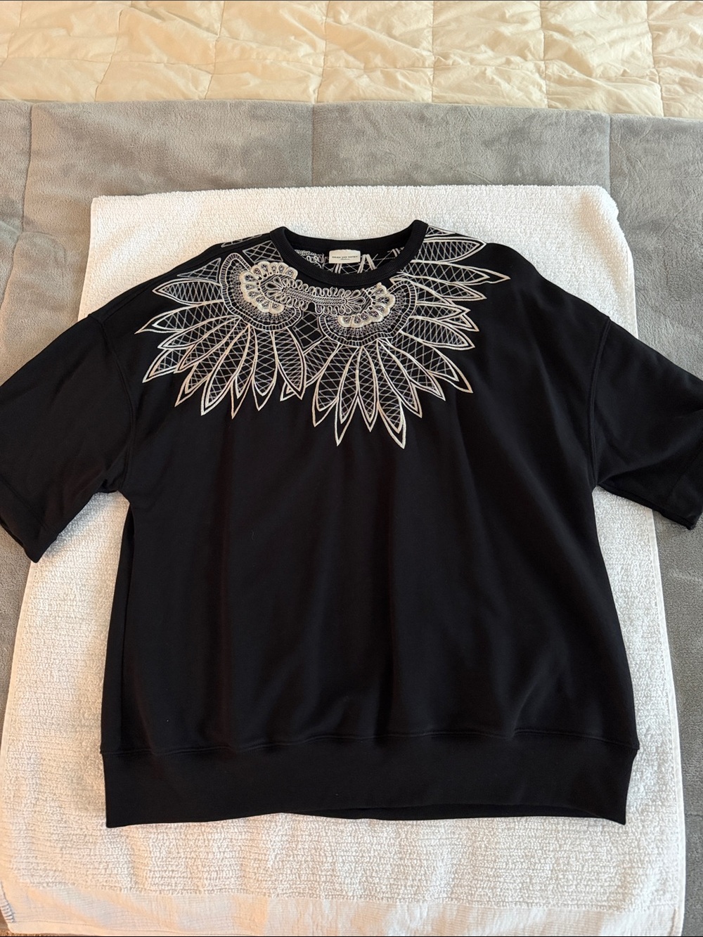 Dries Van Noten Black Short-Sleeve Sweatshirt with White Embroidered Collar